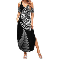 Personalised New Zealand Maori Art Tattoo and Silver Fern Family Matching Summer Maxi Dress and Hawaiian Shirt LT03 Mom's Dress Black - Polynesian Pride