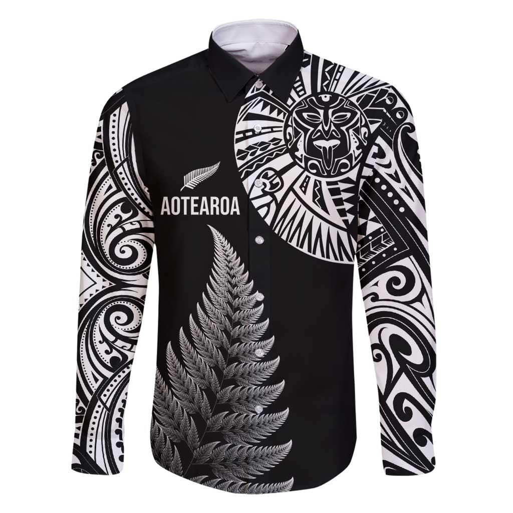 Personalised New Zealand Maori Art Tattoo and Silver Fern Family Matching Tank Maxi Dress and Hawaiian Shirt LT03 Dad's Shirt - Long Sleeve Black - Polynesian Pride