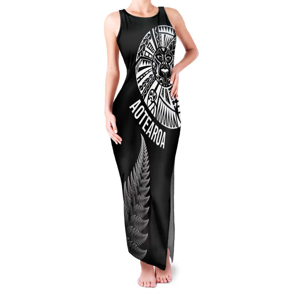Personalised New Zealand Maori Art Tattoo and Silver Fern Family Matching Tank Maxi Dress and Hawaiian Shirt LT03 Mom's Dress Black - Polynesian Pride