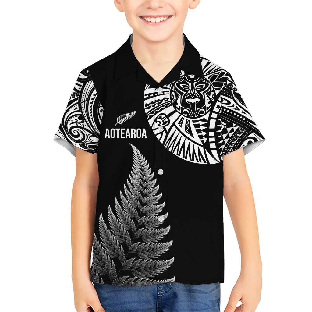 Personalised New Zealand Maori Art Tattoo and Silver Fern Kid Hawaiian Shirt LT03 Kid Black - Polynesian Pride