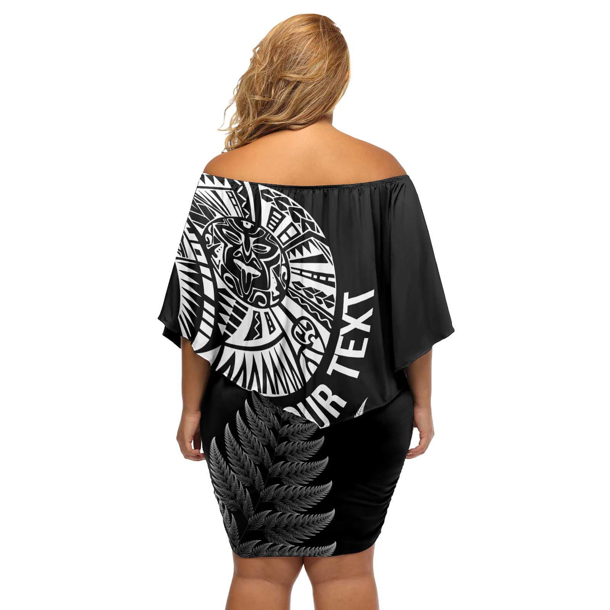 Personalised New Zealand Maori Art Tattoo and Silver Fern Off Shoulder Short Dress