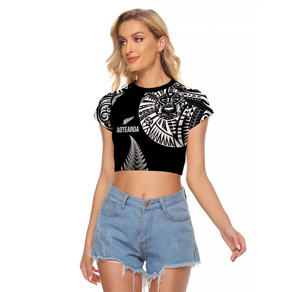 Personalised New Zealand Maori Art Tattoo and Silver Fern Raglan Cropped T Shirt LT03 Female Black - Polynesian Pride