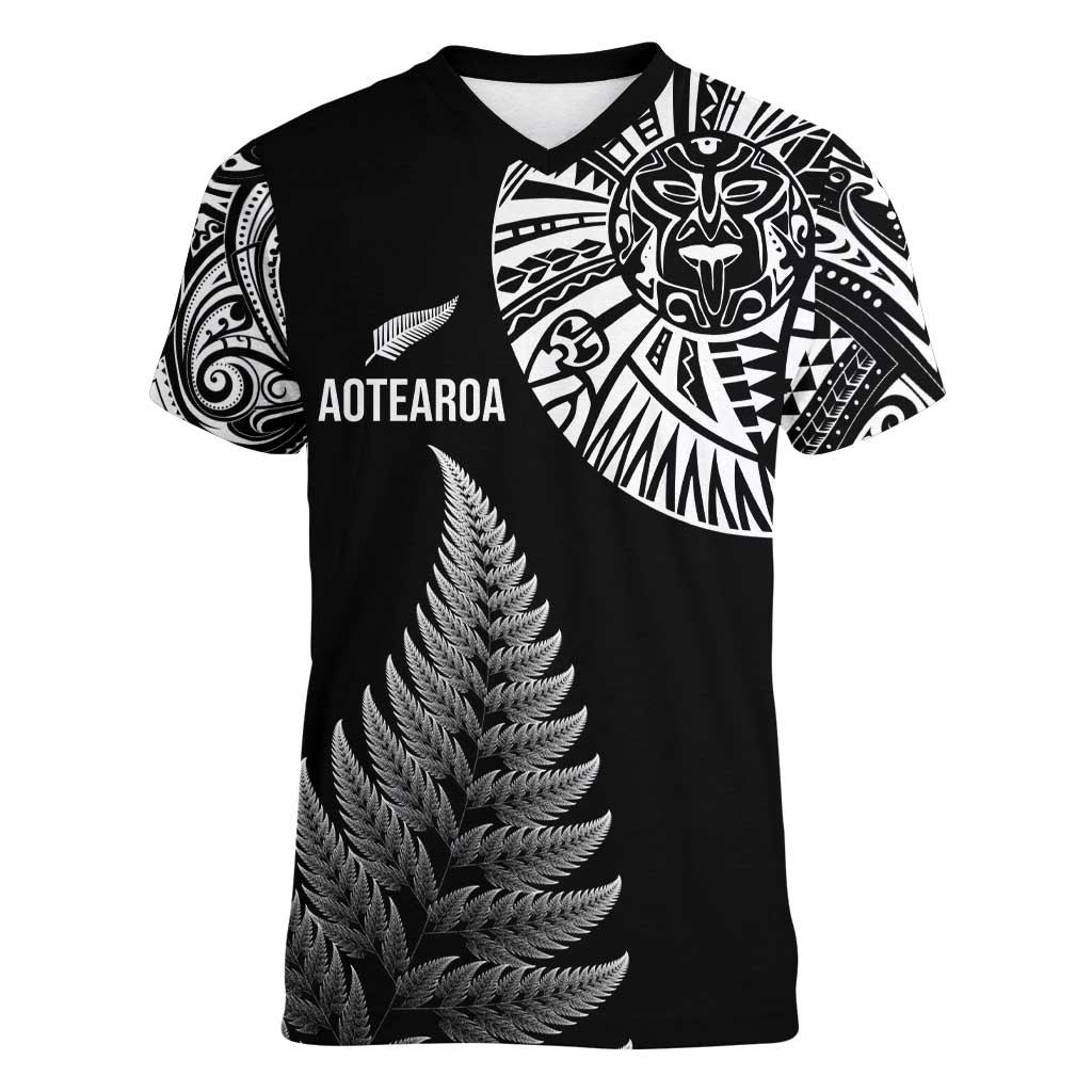 Personalised New Zealand Maori Art Tattoo and Silver Fern Women V-Neck T-Shirt LT03 Female Black - Polynesian Pride
