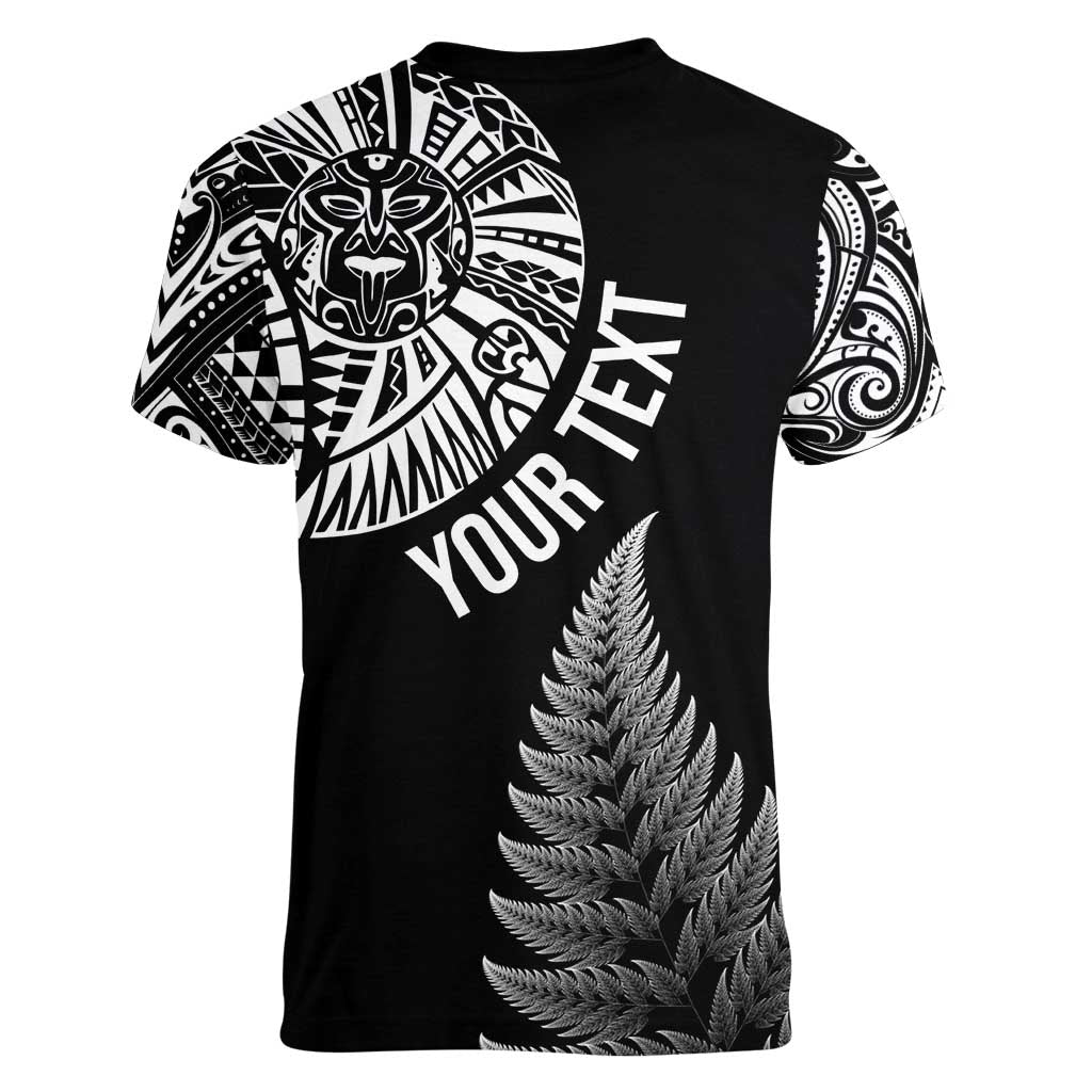 Personalised New Zealand Maori Art Tattoo and Silver Fern Women V-Neck T-Shirt LT03 - Polynesian Pride