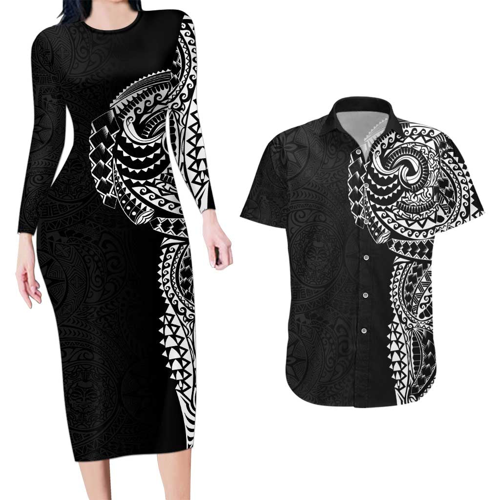 Polynesian Art Traditional Tattoo Pattern Couples Matching Long Sleeve Bodycon Dress and Hawaiian Shirt