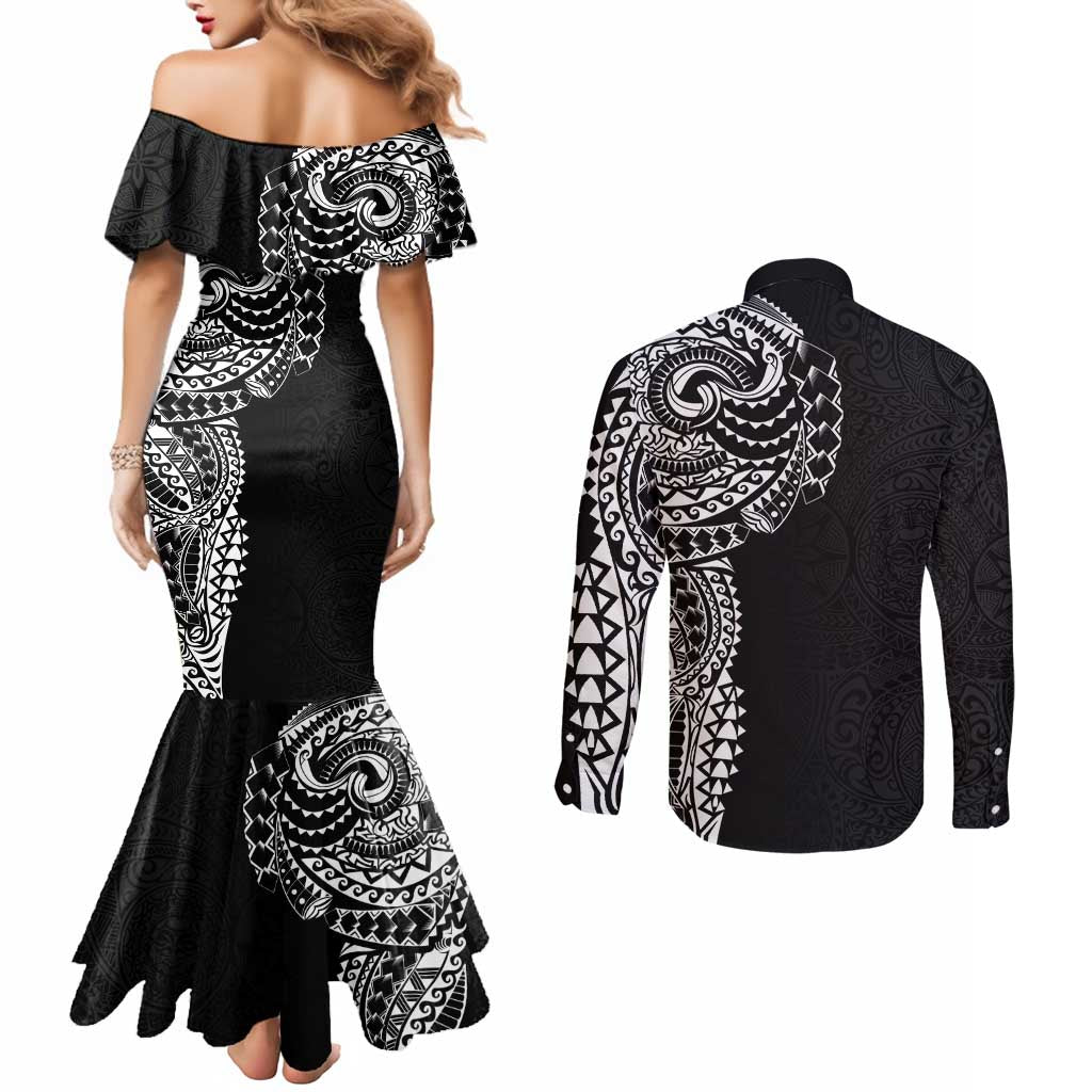 Polynesian Art Traditional Tattoo Pattern Couples Matching Mermaid Dress and Long Sleeve Button Shirt