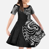 Polynesian Art Traditional Tattoo Pattern Family Matching Off Shoulder Maxi Dress and Hawaiian Shirt LT03 Daughter's Dress Black - Polynesian Pride