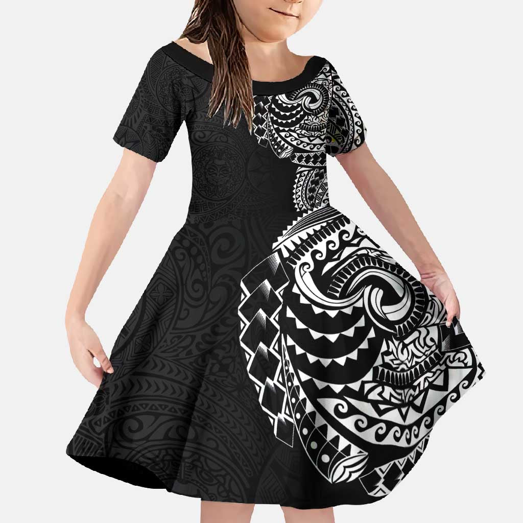 Polynesian Art Traditional Tattoo Pattern Family Matching Summer Maxi Dress and Hawaiian Shirt LT03 Daughter's Dress Black - Polynesian Pride