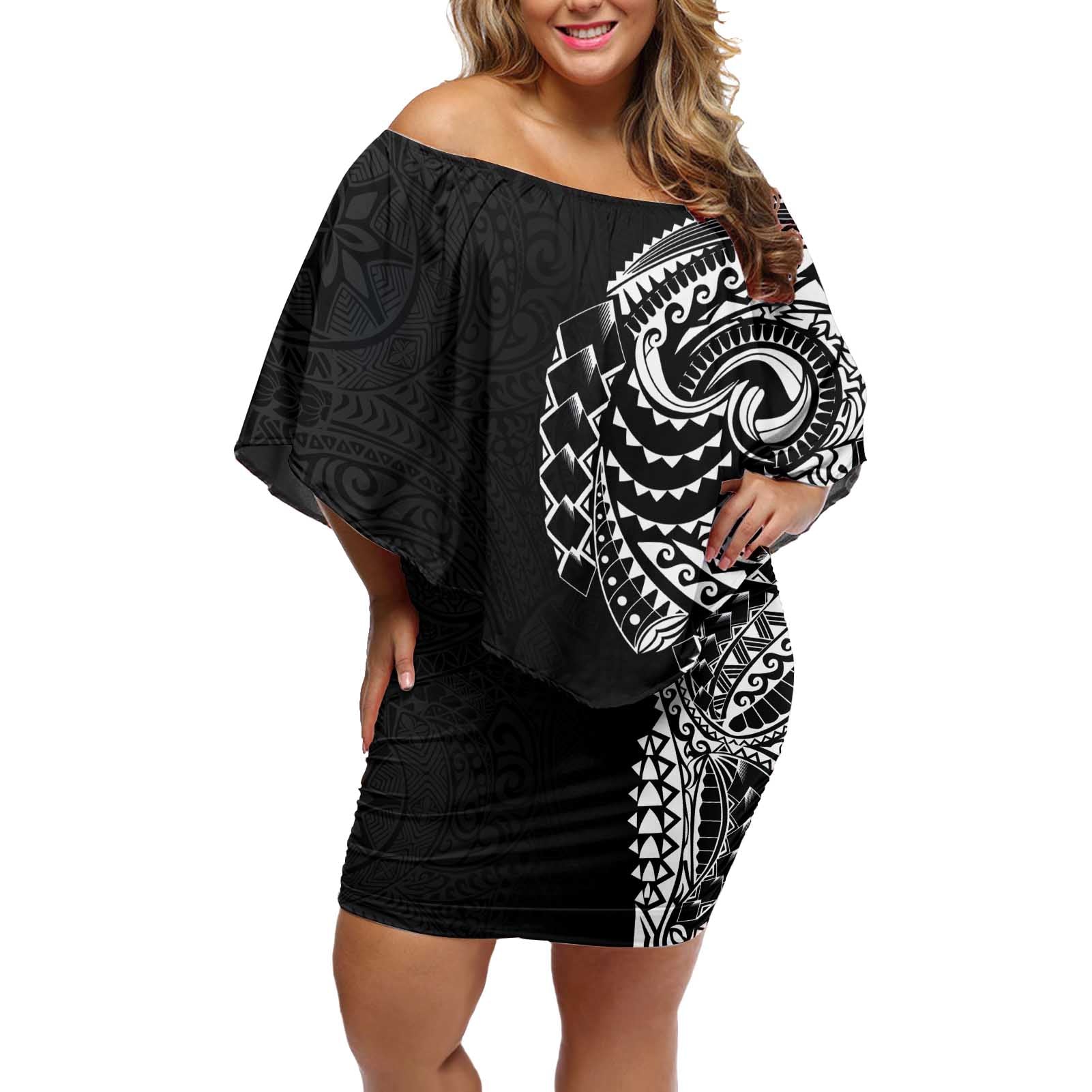 Polynesian Art Traditional Tattoo Pattern Off Shoulder Short Dress