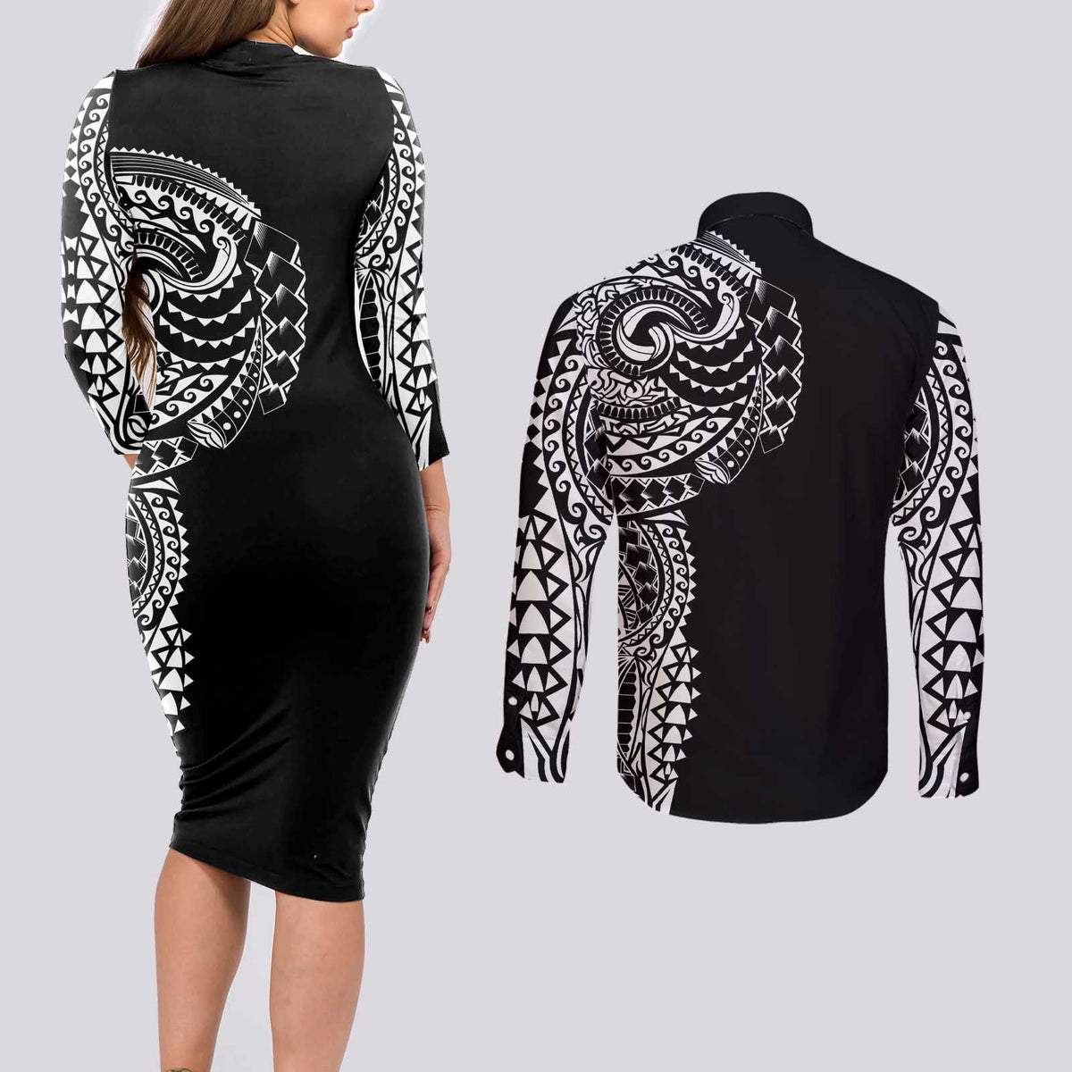 Polynesian Art Traditional Tattoo Couples Matching Long Sleeve Bodycon Dress and Long Sleeve Button Shirt Simple Style LT03 - Polynesian Pride