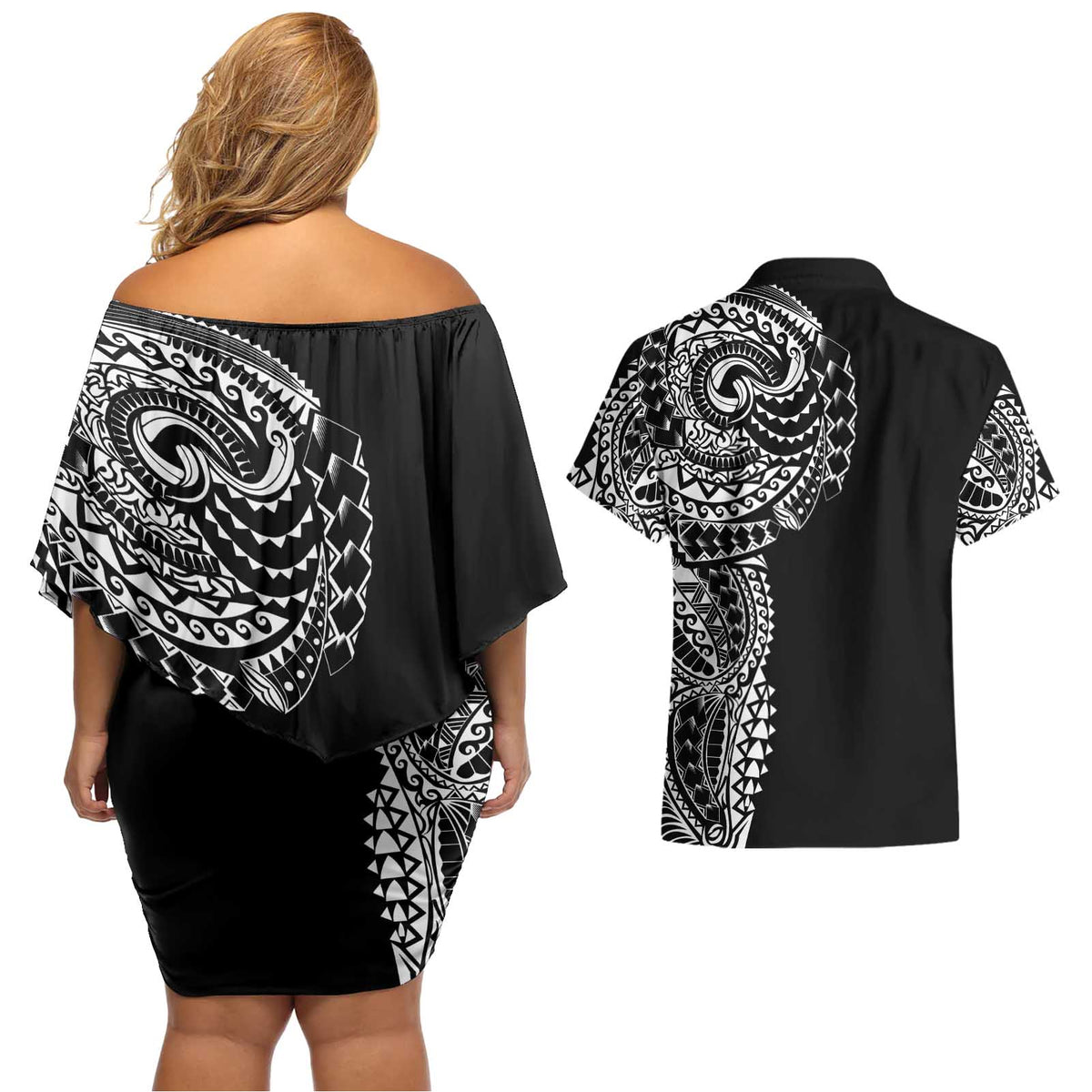 Polynesian Art Traditional Tattoo Couples Matching Off Shoulder Short Dress and Hawaiian Shirt Simple Style LT03 - Polynesian Pride