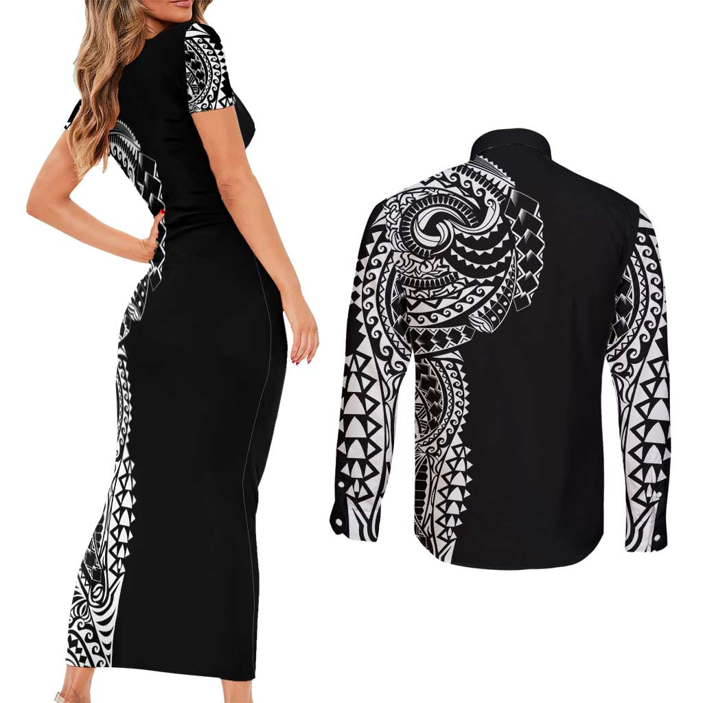 Polynesian Art Traditional Tattoo Couples Matching Short Sleeve Bodycon Dress and Long Sleeve Button Shirt Simple Style LT03 - Polynesian Pride