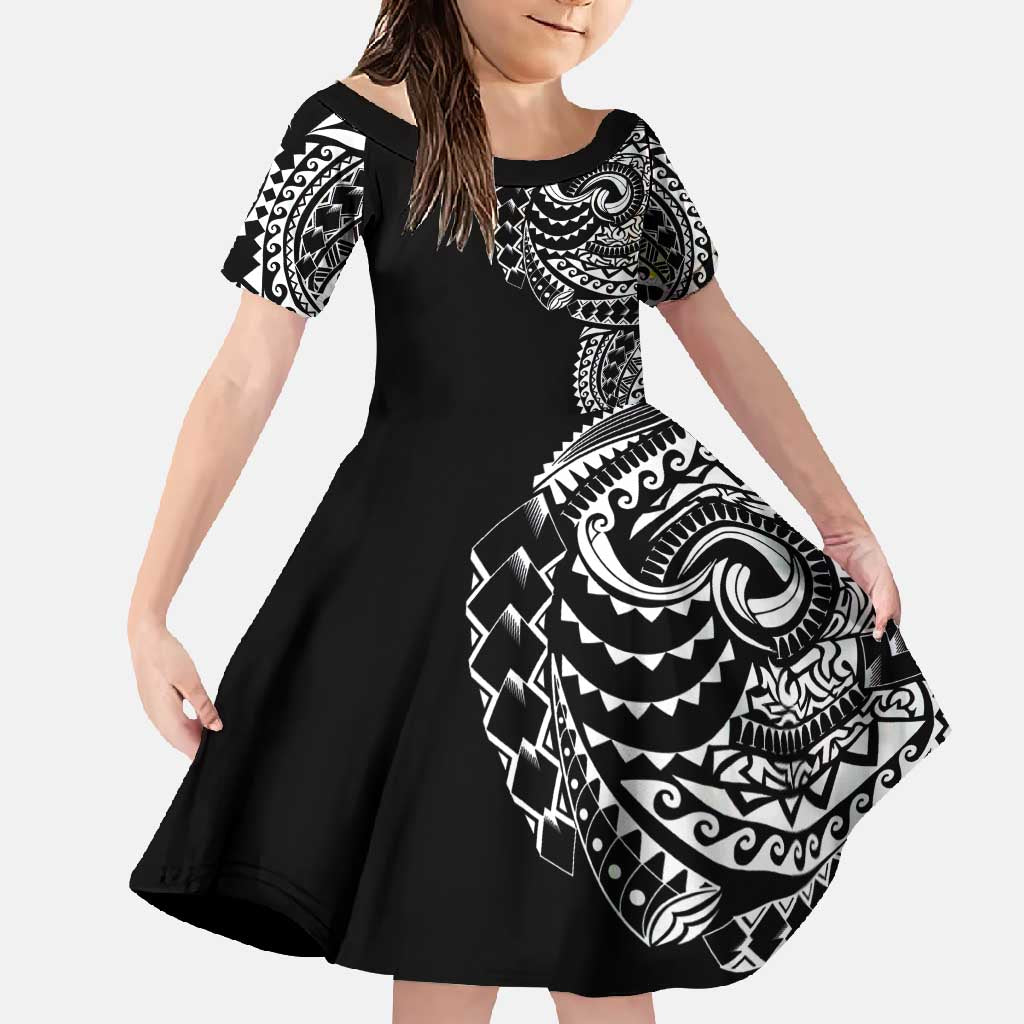 Polynesian Art Traditional Tattoo Family Matching Off Shoulder Maxi Dress and Hawaiian Shirt Simple Style LT03 Daughter's Dress Black - Polynesian Pride
