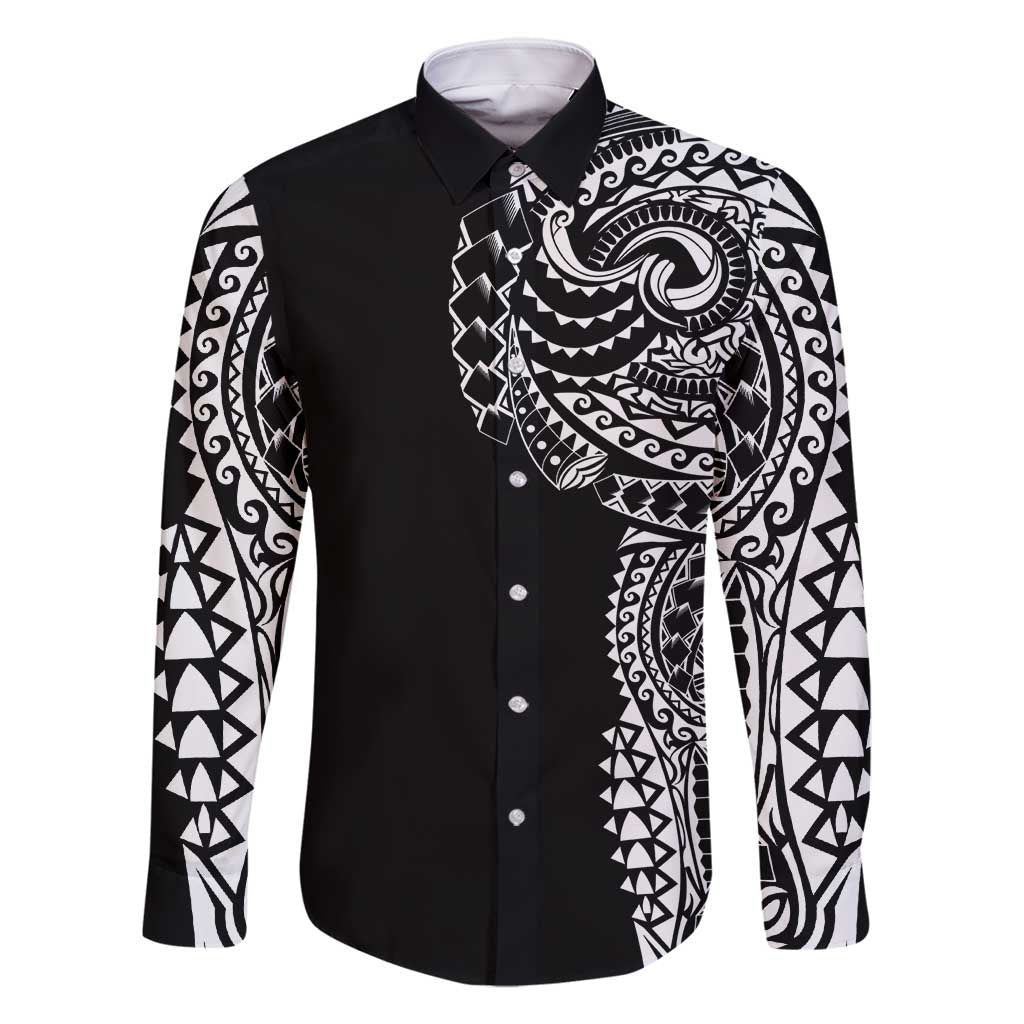 Polynesian Art Traditional Tattoo Family Matching Off Shoulder Maxi Dress and Hawaiian Shirt Simple Style LT03 Dad's Shirt - Long Sleeve Black - Polynesian Pride