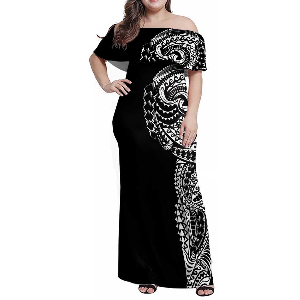 Polynesian Art Traditional Tattoo Family Matching Off Shoulder Maxi Dress and Hawaiian Shirt Simple Style LT03 Mom's Dress Black - Polynesian Pride
