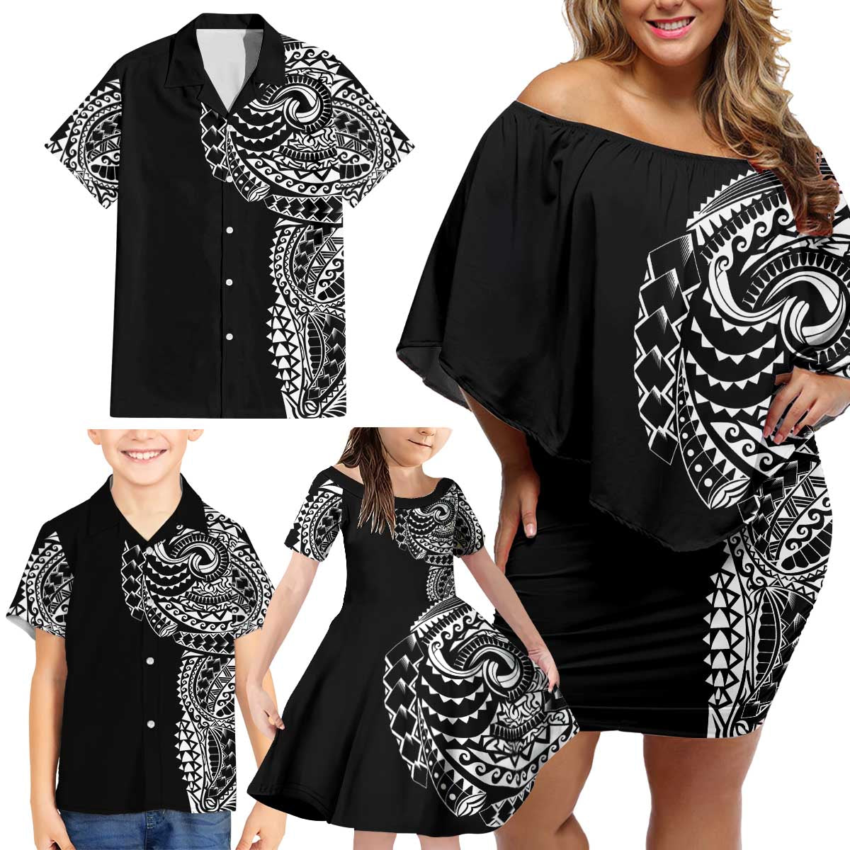 Polynesian Art Traditional Tattoo Family Matching Off Shoulder Short Dress and Hawaiian Shirt Simple Style LT03 - Polynesian Pride