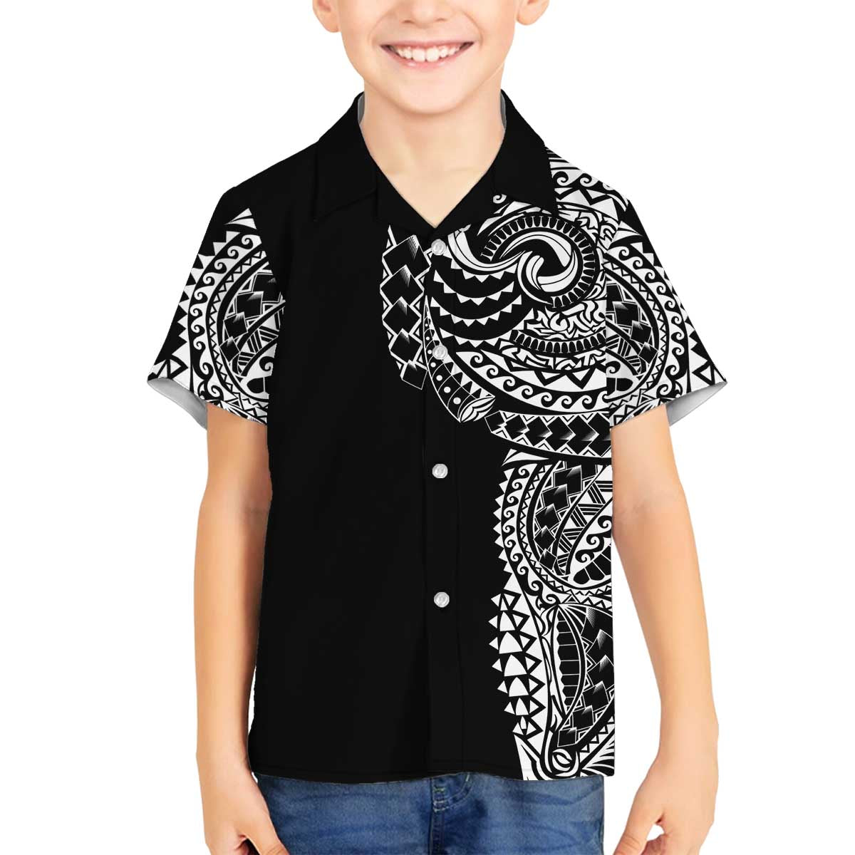 Polynesian Art Traditional Tattoo Family Matching Off Shoulder Short Dress and Hawaiian Shirt Simple Style LT03 Son's Shirt Black - Polynesian Pride