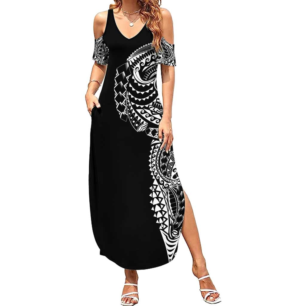 Polynesian Art Traditional Tattoo Family Matching Summer Maxi Dress and Hawaiian Shirt Simple Style LT03 Mom's Dress Black - Polynesian Pride