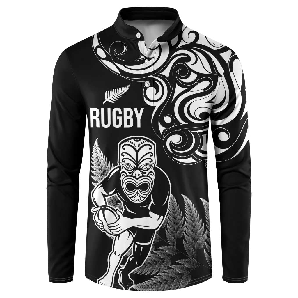 New Zealand Maori Warrior Rugby Button Sweatshirt Silver Fern LT03 Black - Polynesian Pride