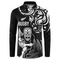 New Zealand Maori Warrior Rugby Button Sweatshirt Silver Fern LT03 Black - Polynesian Pride