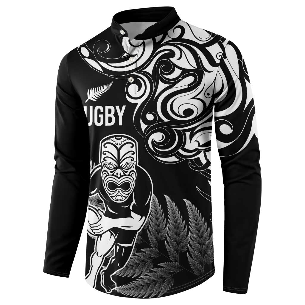 New Zealand Maori Warrior Rugby Button Sweatshirt Silver Fern LT03 - Polynesian Pride
