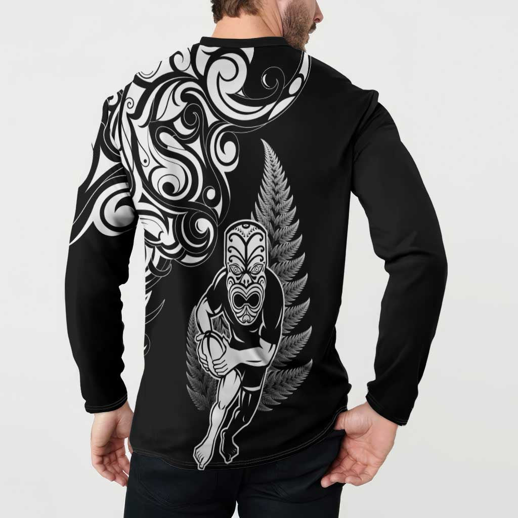 New Zealand Maori Warrior Rugby Button Sweatshirt Silver Fern LT03 - Polynesian Pride