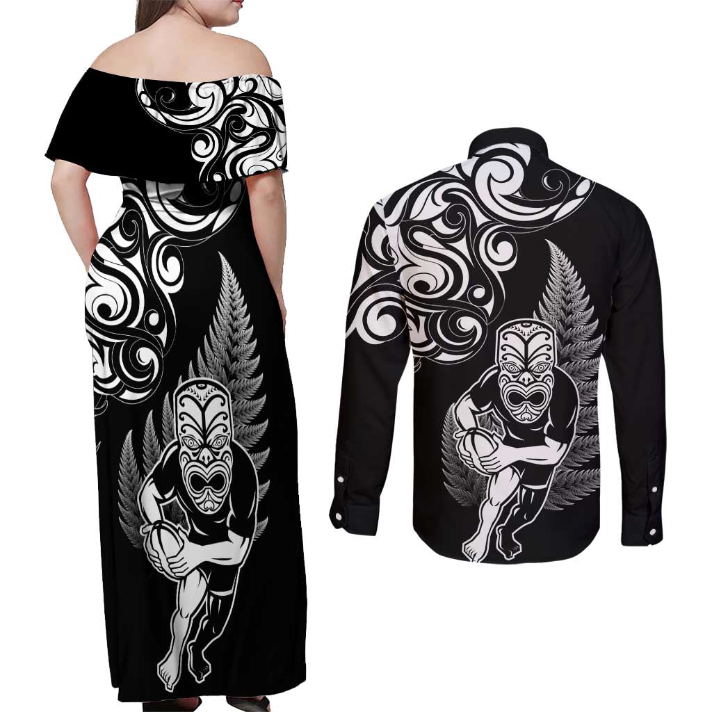 New Zealand Maori Warrior Rugby Couples Matching Off Shoulder Maxi Dress and Long Sleeve Button Shirt Silver Fern LT03 - Polynesian Pride