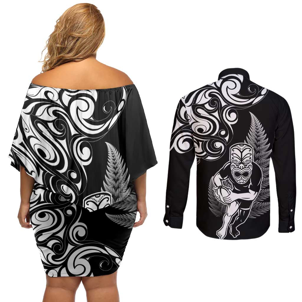New Zealand Maori Warrior Rugby Couples Matching Off Shoulder Short Dress and Long Sleeve Button Shirt Silver Fern LT03 - Polynesian Pride