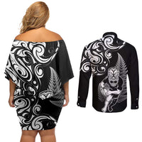 New Zealand Maori Warrior Rugby Couples Matching Off Shoulder Short Dress and Long Sleeve Button Shirt Silver Fern LT03 - Polynesian Pride