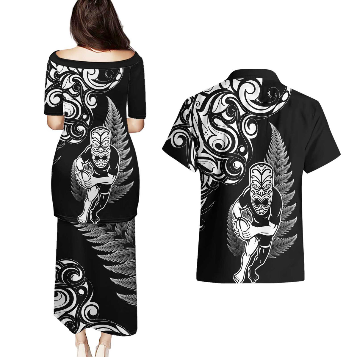 New Zealand Maori Warrior Rugby Couples Matching Puletasi and Hawaiian Shirt Silver Fern LT03 - Polynesian Pride