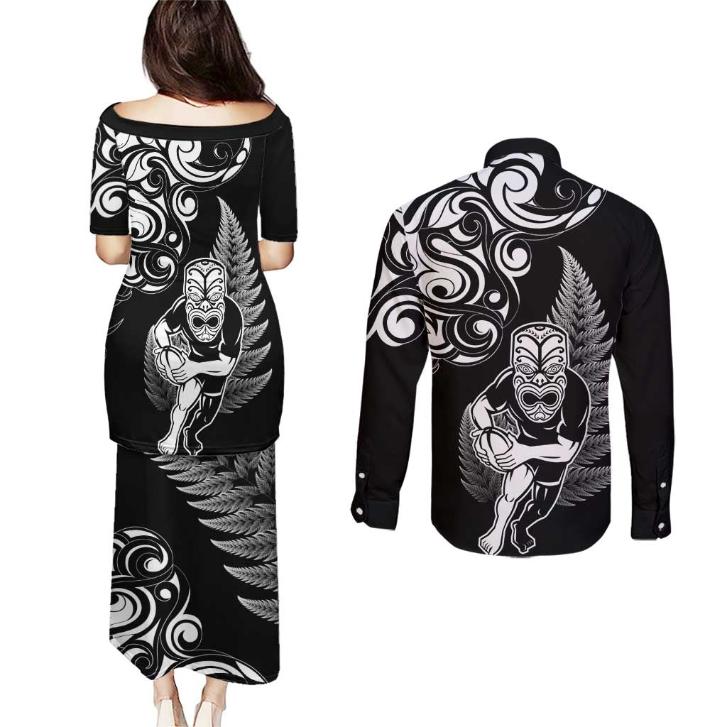 New Zealand Maori Warrior Rugby Couples Matching Puletasi and Long Sleeve Button Shirt Silver Fern LT03 - Polynesian Pride