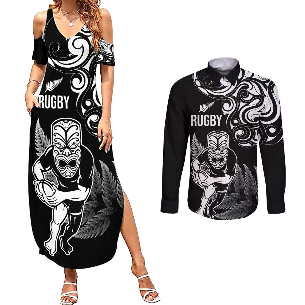 New Zealand Maori Warrior Rugby Couples Matching Summer Maxi Dress and Long Sleeve Button Shirt Silver Fern LT03 Black - Polynesian Pride