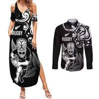 New Zealand Maori Warrior Rugby Couples Matching Summer Maxi Dress and Long Sleeve Button Shirt Silver Fern LT03 Black - Polynesian Pride