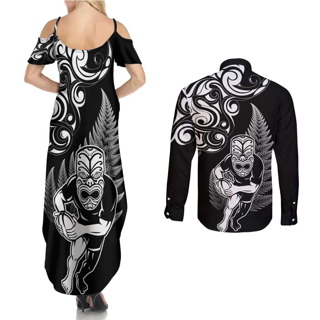New Zealand Maori Warrior Rugby Couples Matching Summer Maxi Dress and Long Sleeve Button Shirt Silver Fern LT03 - Polynesian Pride
