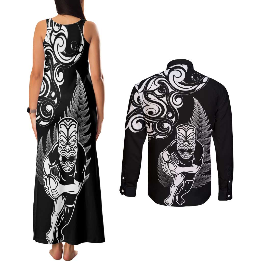 New Zealand Maori Warrior Rugby Couples Matching Tank Maxi Dress and Long Sleeve Button Shirt Silver Fern LT03 - Polynesian Pride