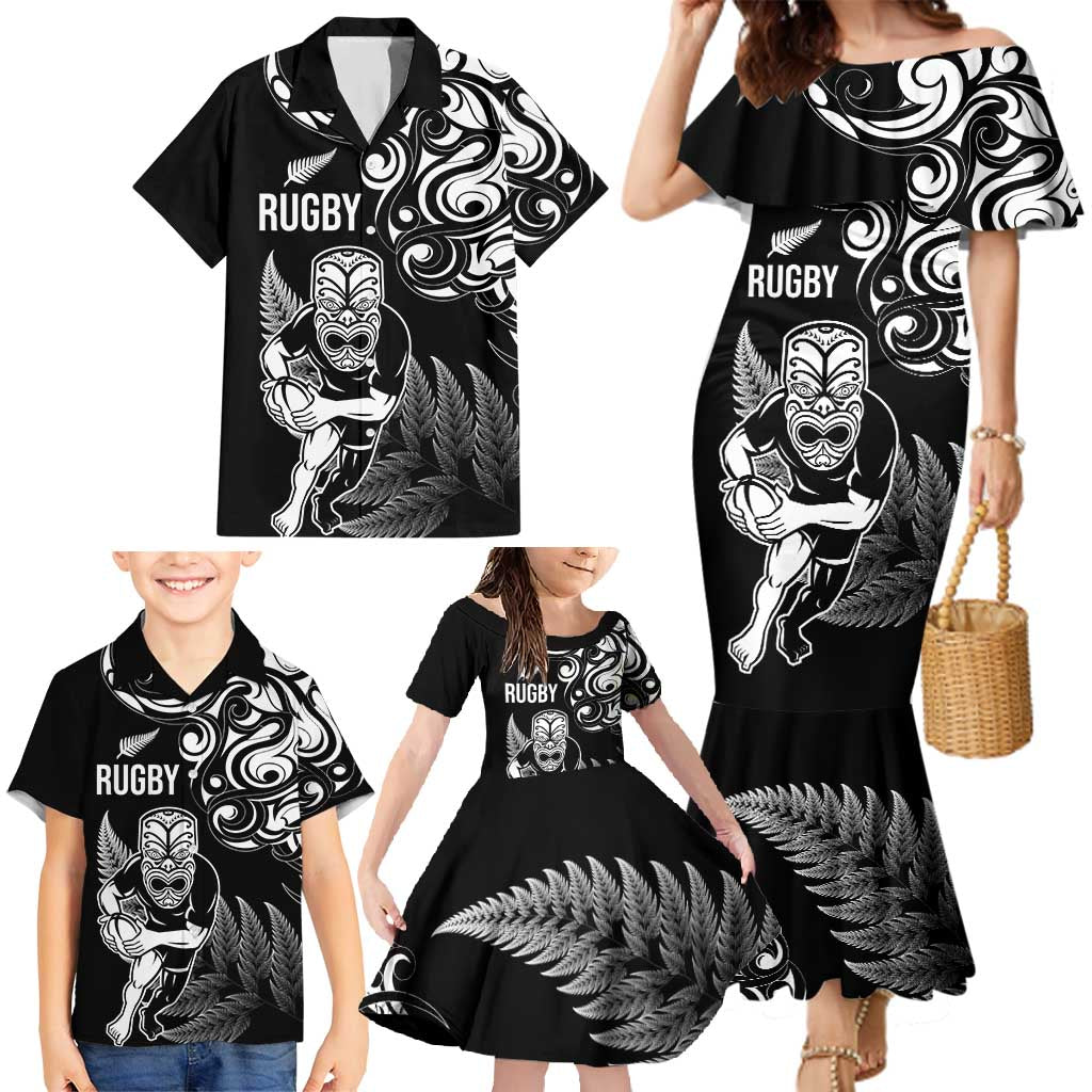 New Zealand Maori Warrior Rugby Family Matching Mermaid Dress and Hawaiian Shirt Silver Fern LT03 - Polynesian Pride