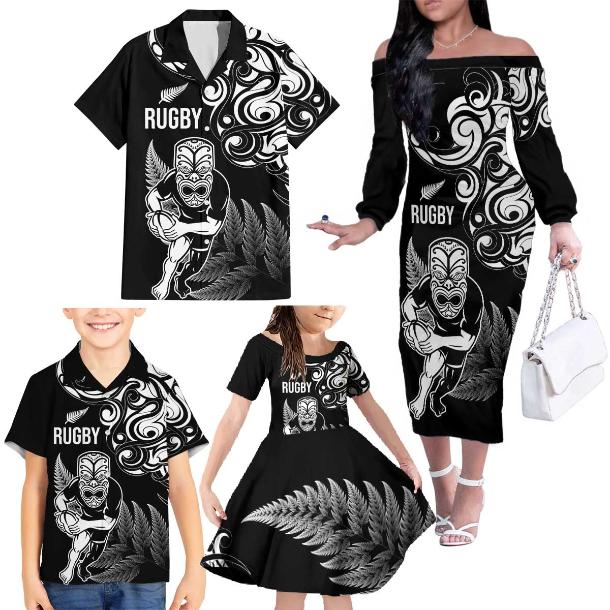 New Zealand Maori Warrior Rugby Family Matching Off The Shoulder Long Sleeve Dress and Hawaiian Shirt Silver Fern LT03 - Polynesian Pride