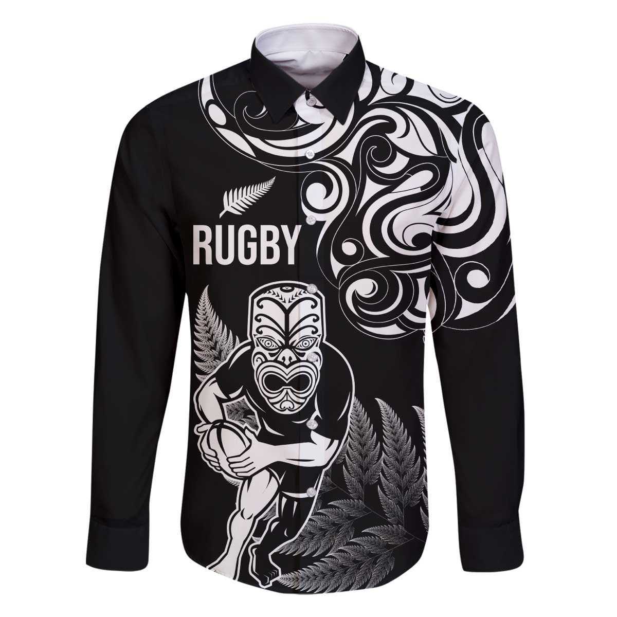 New Zealand Maori Warrior Rugby Family Matching Off The Shoulder Long Sleeve Dress and Hawaiian Shirt Silver Fern LT03 Dad's Shirt - Long Sleeve Black - Polynesian Pride