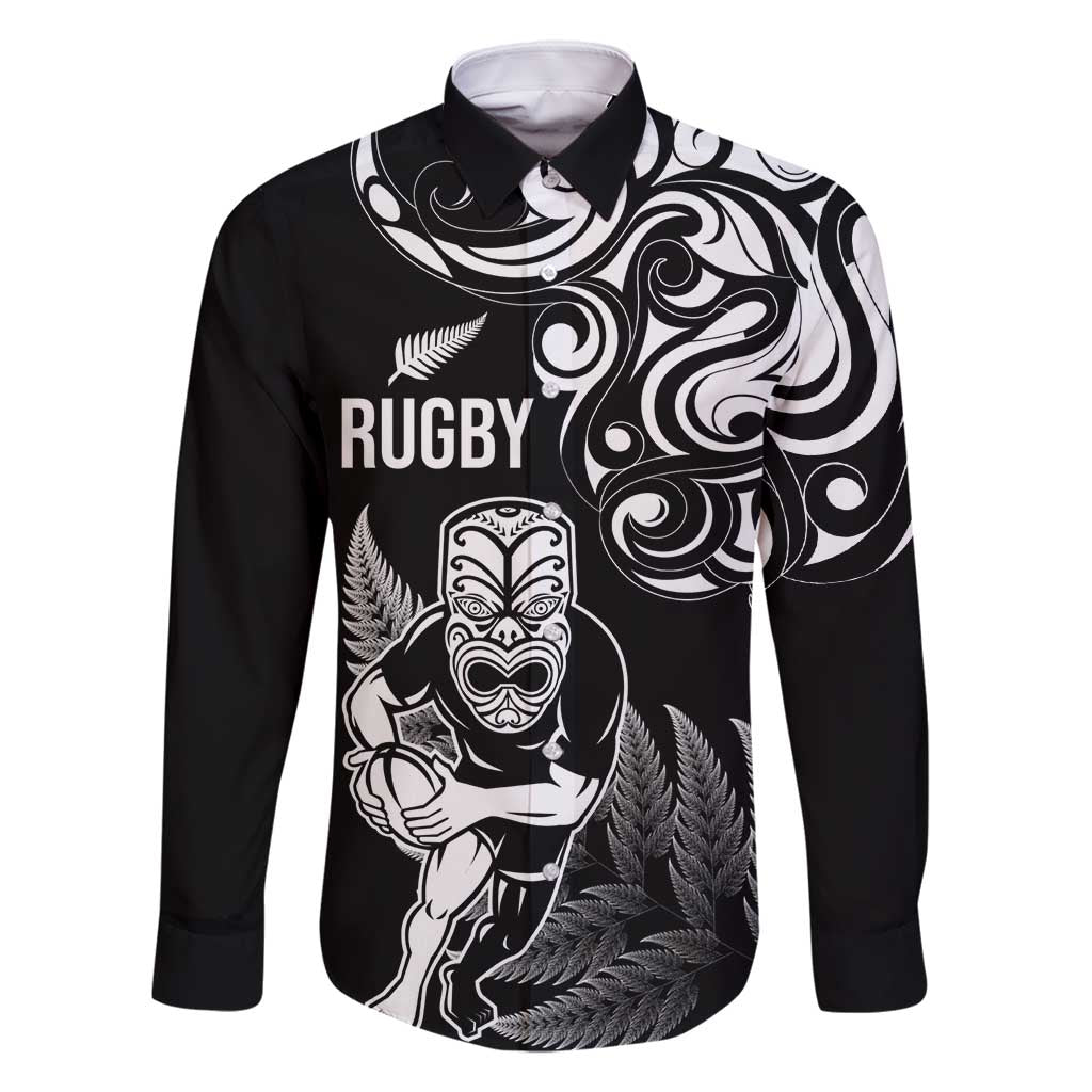 New Zealand Maori Warrior Rugby Family Matching Off Shoulder Maxi Dress and Hawaiian Shirt Silver Fern LT03 Dad's Shirt - Long Sleeve Black - Polynesian Pride