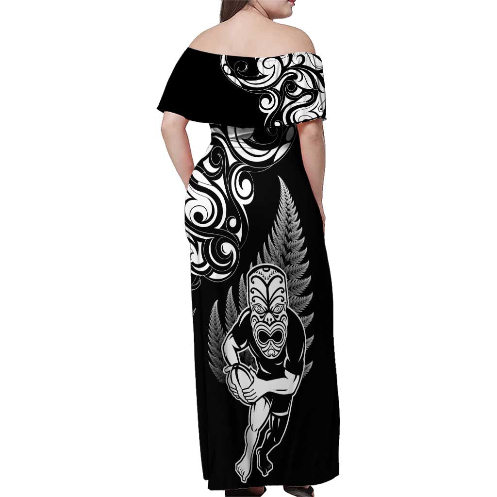 New Zealand Maori Warrior Rugby Family Matching Off Shoulder Maxi Dress and Hawaiian Shirt Silver Fern LT03 - Polynesian Pride