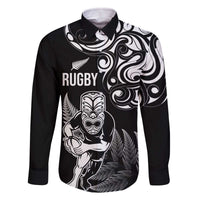 New Zealand Maori Warrior Rugby Family Matching Off Shoulder Short Dress and Hawaiian Shirt Silver Fern LT03 Dad's Shirt - Long Sleeve Black - Polynesian Pride