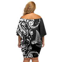 New Zealand Maori Warrior Rugby Family Matching Off Shoulder Short Dress and Hawaiian Shirt Silver Fern LT03 - Polynesian Pride