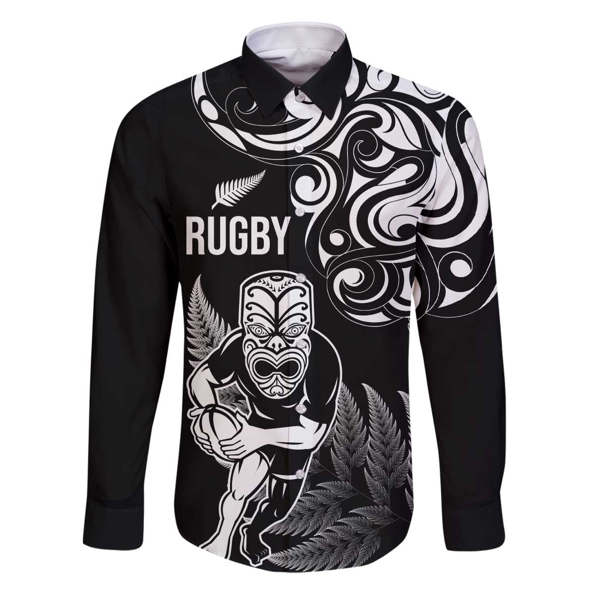 New Zealand Maori Warrior Rugby Family Matching Puletasi and Hawaiian Shirt Silver Fern LT03 Dad's Shirt - Long Sleeve Black - Polynesian Pride