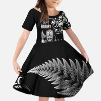 New Zealand Maori Warrior Rugby Family Matching Short Sleeve Bodycon Dress and Hawaiian Shirt Silver Fern LT03 Daughter's Dress Black - Polynesian Pride