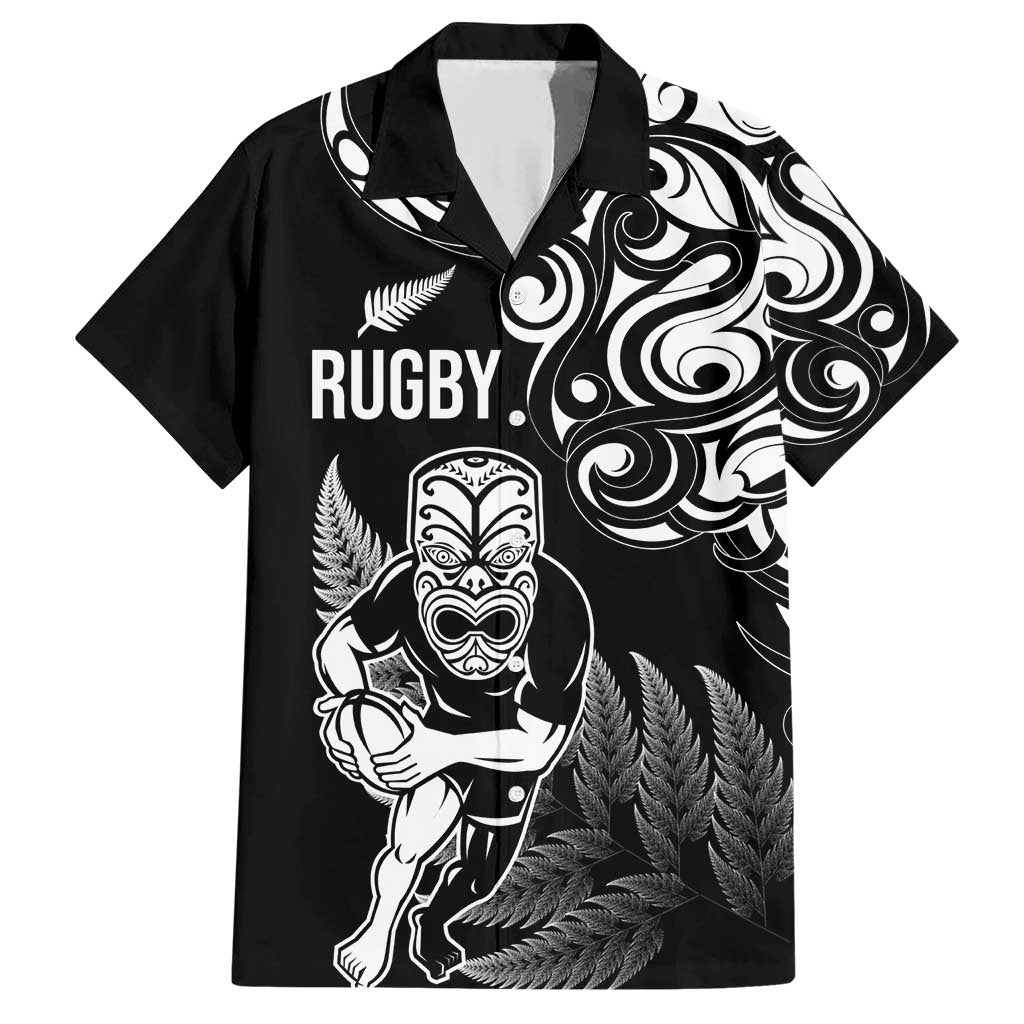 New Zealand Maori Warrior Rugby Family Matching Short Sleeve Bodycon Dress and Hawaiian Shirt Silver Fern LT03 Dad's Shirt - Short Sleeve Black - Polynesian Pride