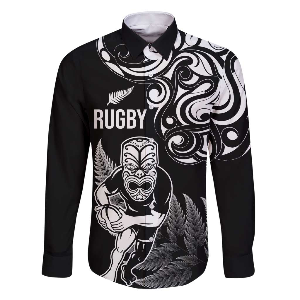 New Zealand Maori Warrior Rugby Family Matching Short Sleeve Bodycon Dress and Hawaiian Shirt Silver Fern LT03 Dad's Shirt - Long Sleeve Black - Polynesian Pride