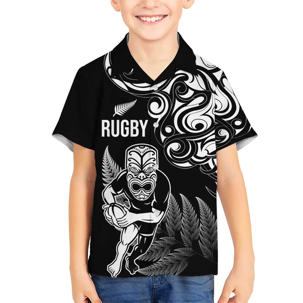 New Zealand Maori Warrior Rugby Family Matching Short Sleeve Bodycon Dress and Hawaiian Shirt Silver Fern LT03 Son's Shirt Black - Polynesian Pride