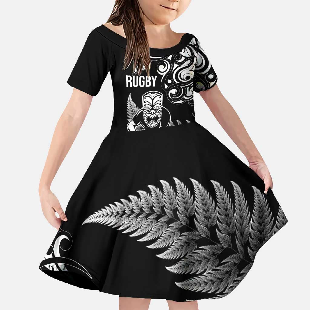 New Zealand Maori Warrior Rugby Family Matching Summer Maxi Dress and Hawaiian Shirt Silver Fern LT03 Daughter's Dress Black - Polynesian Pride