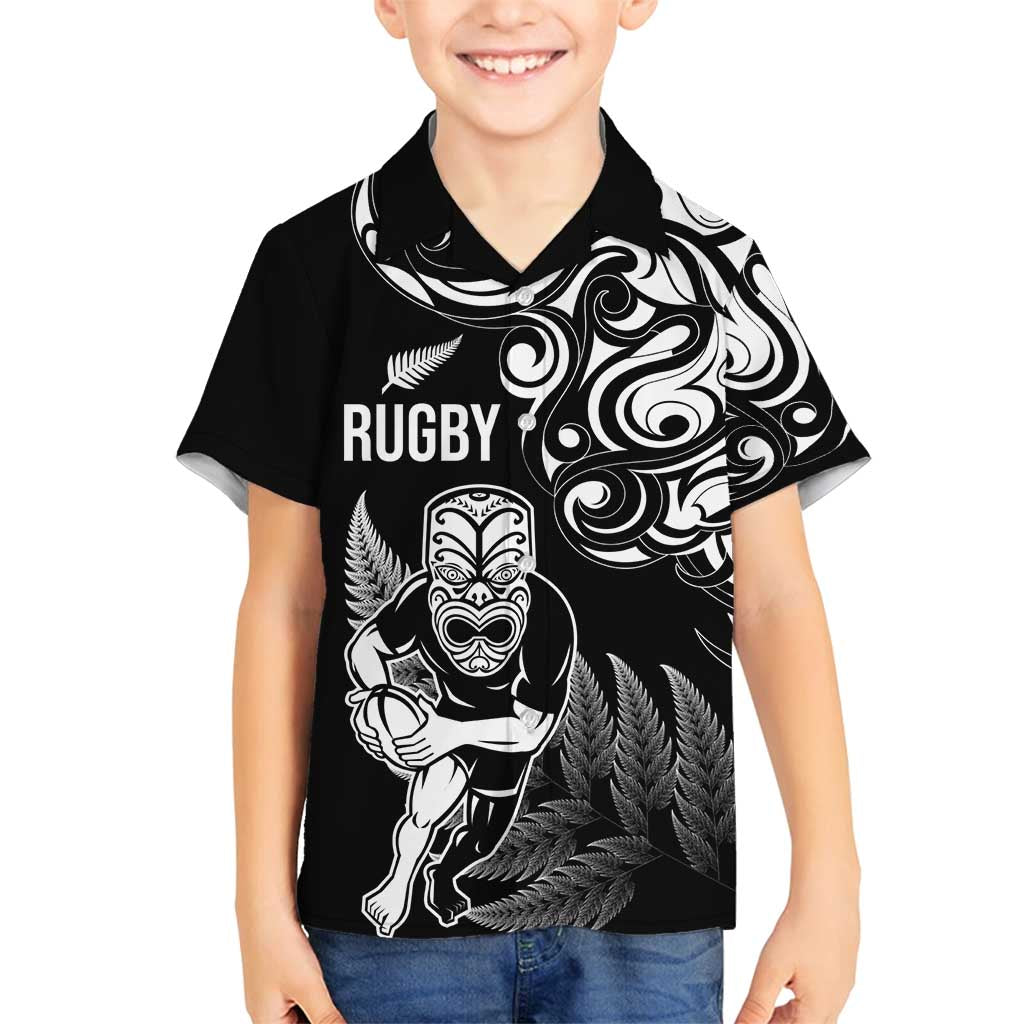 New Zealand Maori Warrior Rugby Family Matching Tank Maxi Dress and Hawaiian Shirt Silver Fern LT03 Son's Shirt Black - Polynesian Pride