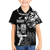 New Zealand Maori Warrior Rugby Family Matching Tank Maxi Dress and Hawaiian Shirt Silver Fern LT03 Son's Shirt Black - Polynesian Pride